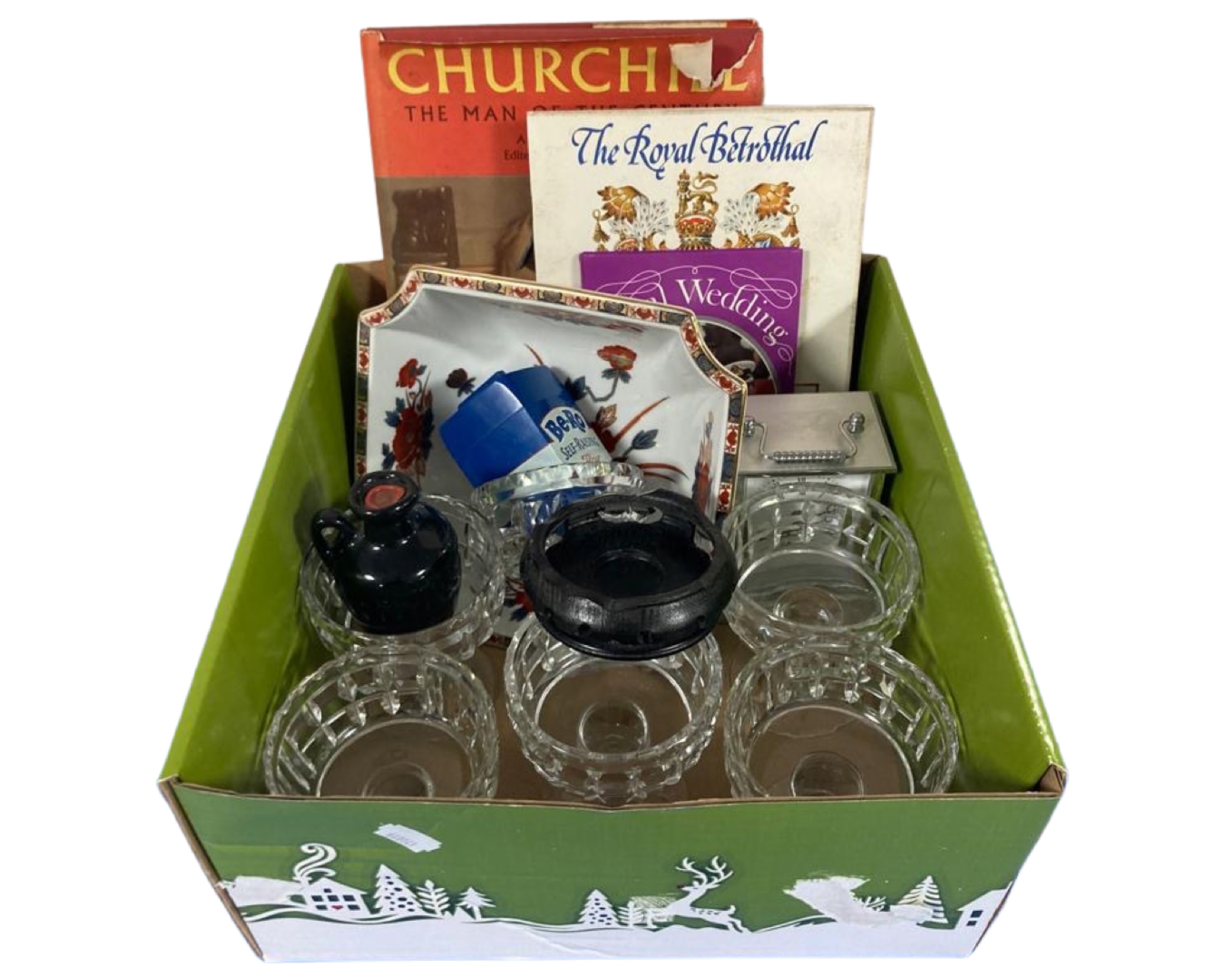 A box of crystal glasses, a Be-Ro timer, a decorative bowl and carriage clock.