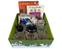 A box of crystal glasses, a Be-Ro timer, a decorative bowl and carriage clock.