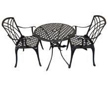 A metal patio table and two chairs