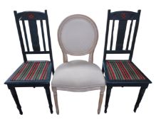 A salon style dining chairs together with two further painted dining chairs.