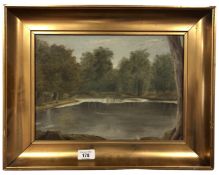 Continental School : A lake by trees, oil on canvas, 34cm by 25cm.