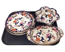 A collection of Masons Mandalay pattern china including five plates and two bowls.