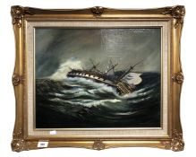 Henry Scott (1911-2005) : A British Navy ship in rough seas, oil on board, 49.5cm by 39.5cm.