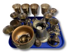 A tray of silver plated goblets, tankard, a brass Dick Turpin bell etc.