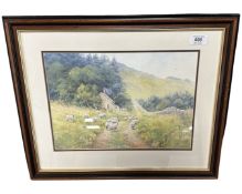 Joe Hush (b.1951) Sheep passing a cottage, acrylic, signed, 35cm x 25cm.