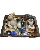 A box containing Ringtons blue and white ceramics, Wedgwood jasperware dish,