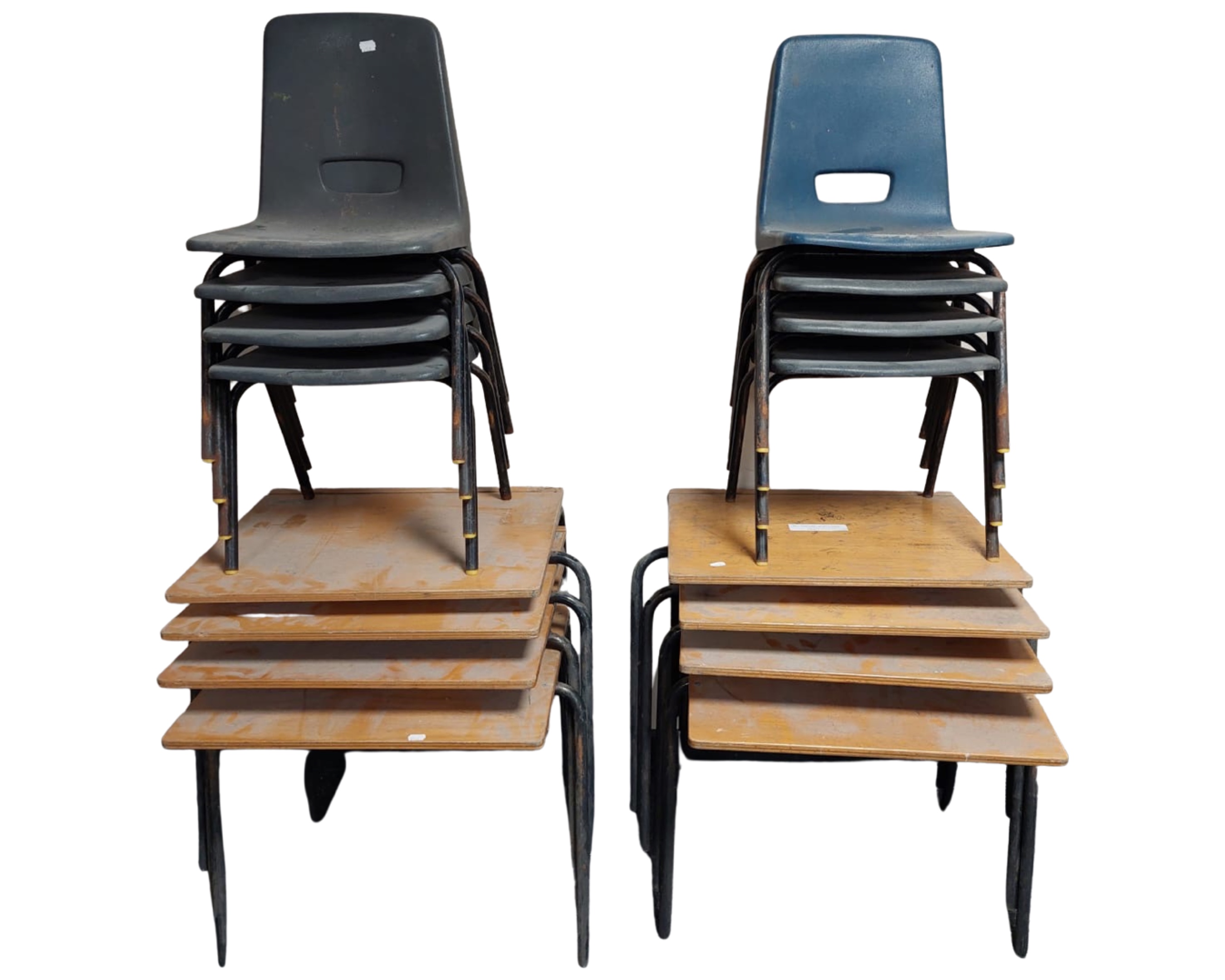 Eight vintage school desks and chairs