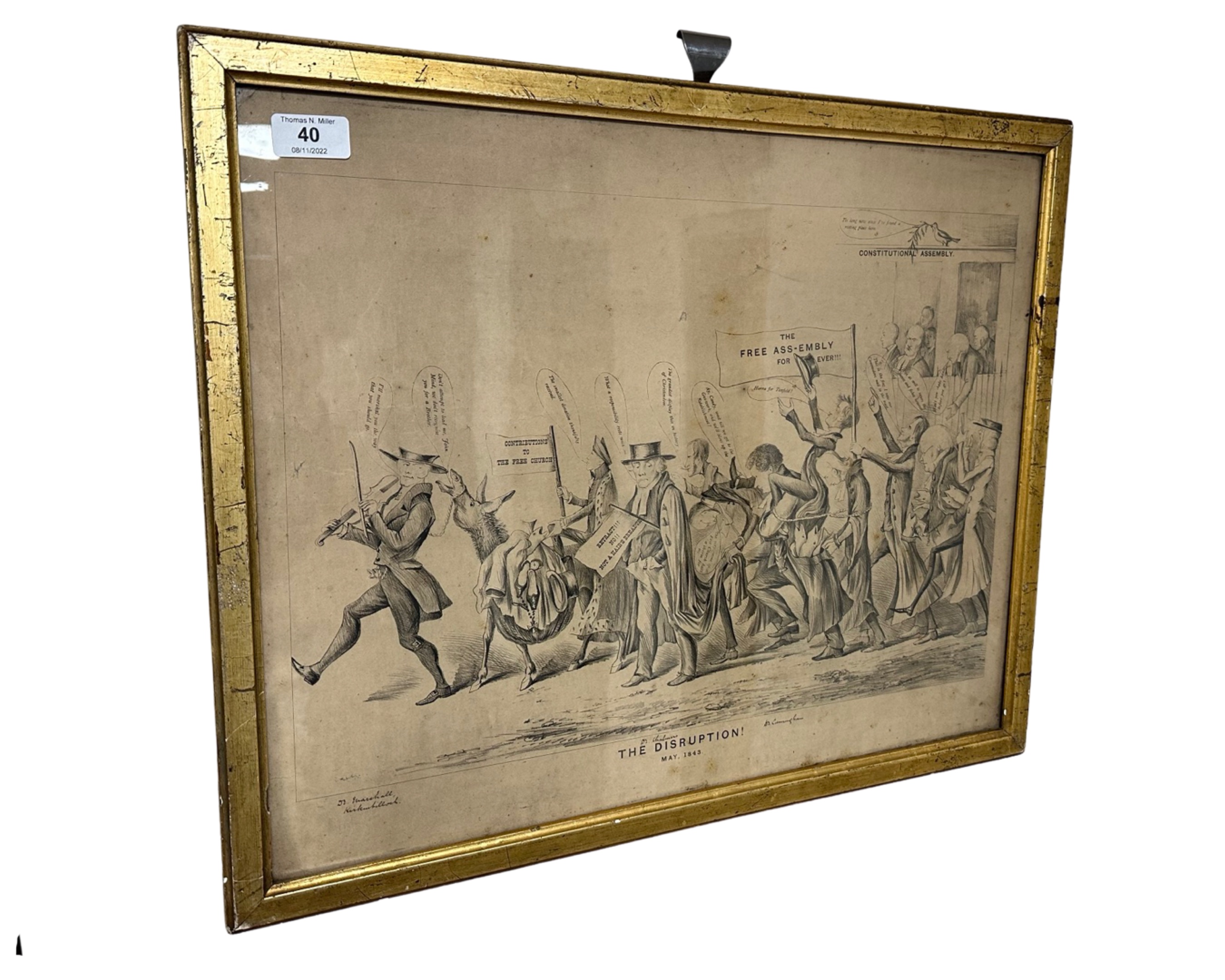 A 19th century satirical print 'The Disruption', 53 cm x 43 cm, May 1843, framed.