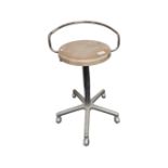 A chrome swivel stool with wooden seat.