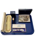A tray of lady's boxed Sekonda wrist watch, costume jewellery, boxed Coalport knife,
