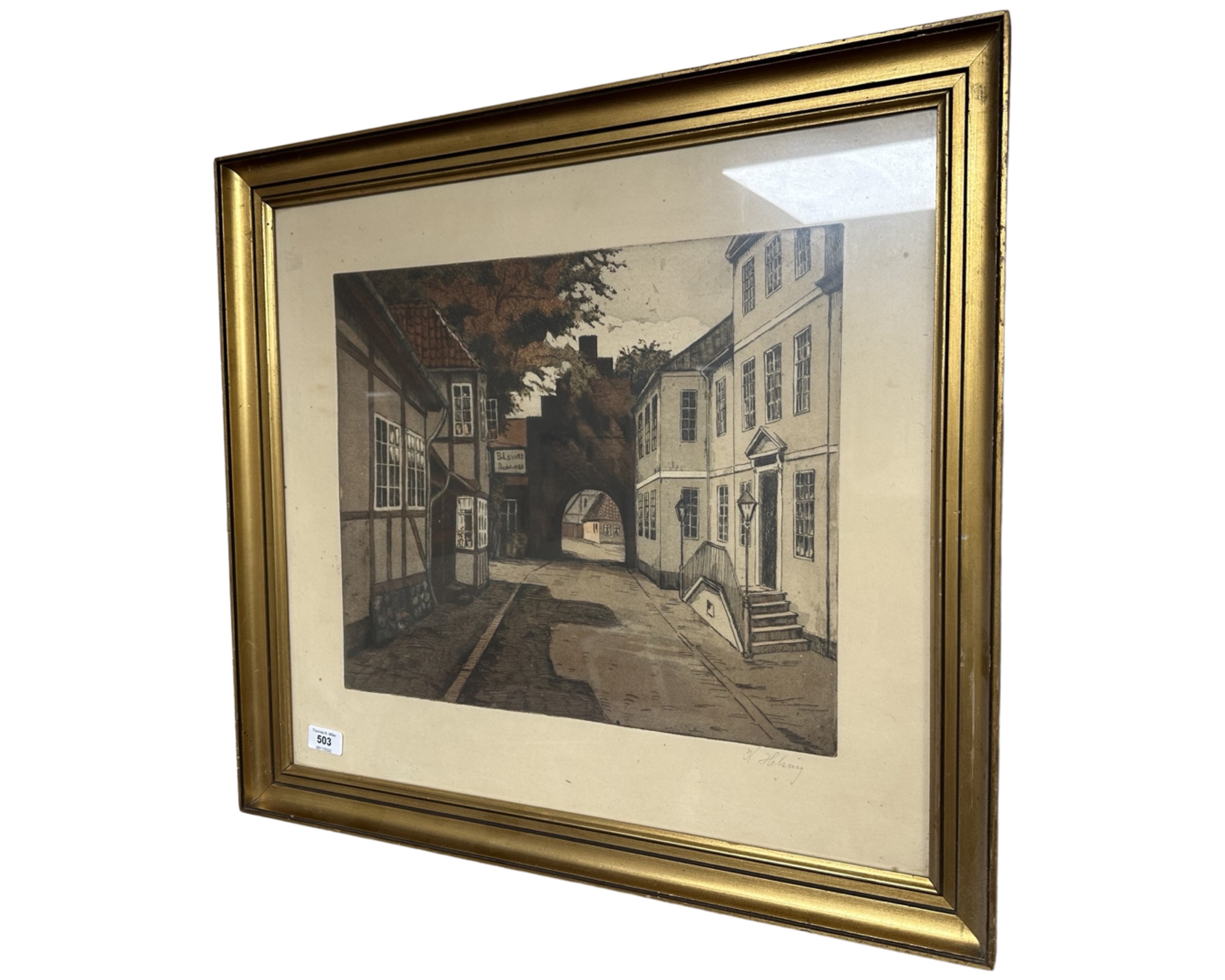 A Continental colour print depicting an archway, 43cm by 35cm.