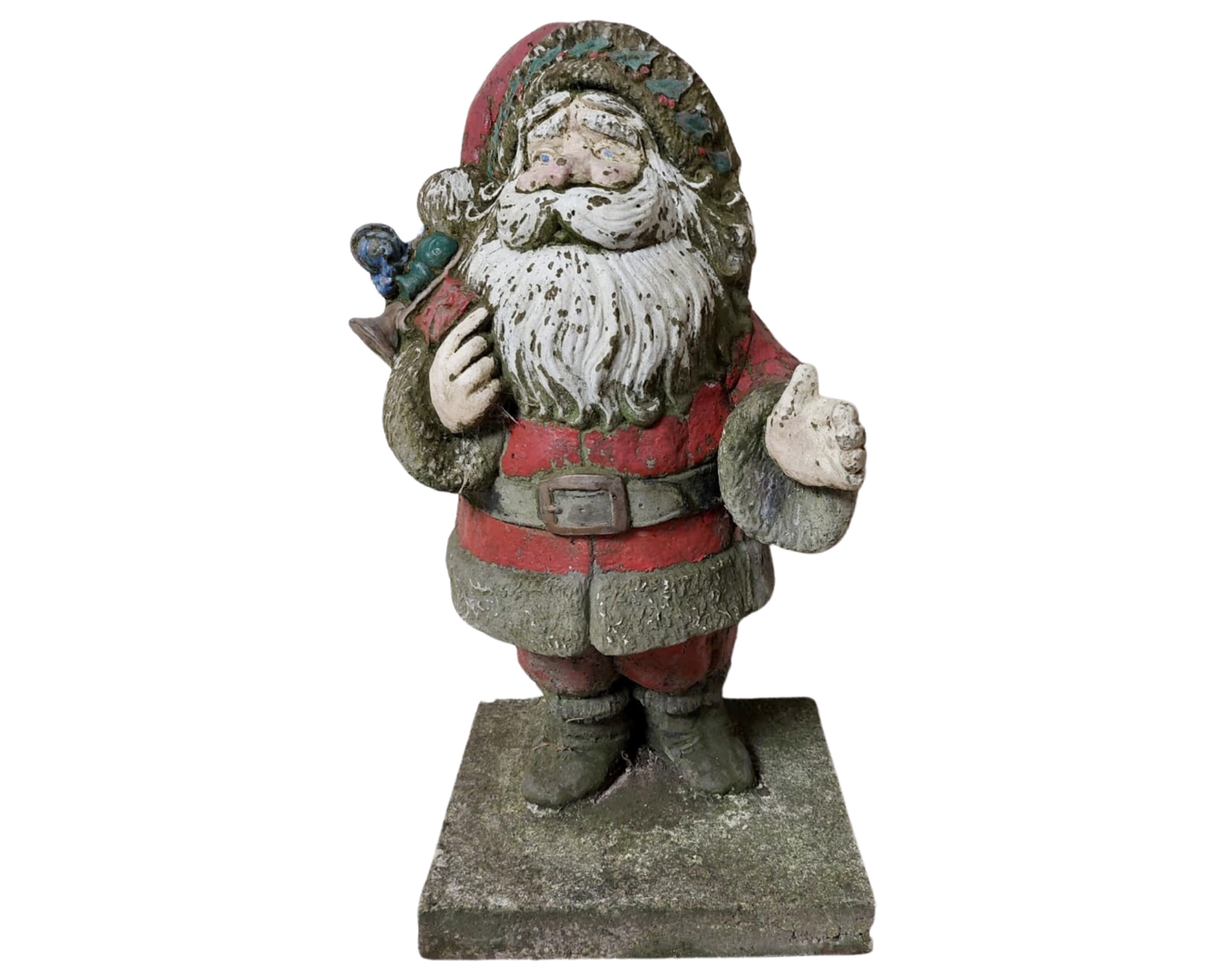 A weathered concrete figure of Santa Claus,