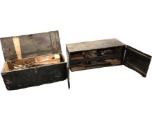 Two wooden joiner's toolboxes containing a quantity of hand tools, woodworking planes etc.