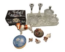 A tray containing a cut glass dressing table set, dog figures including Beswick example,