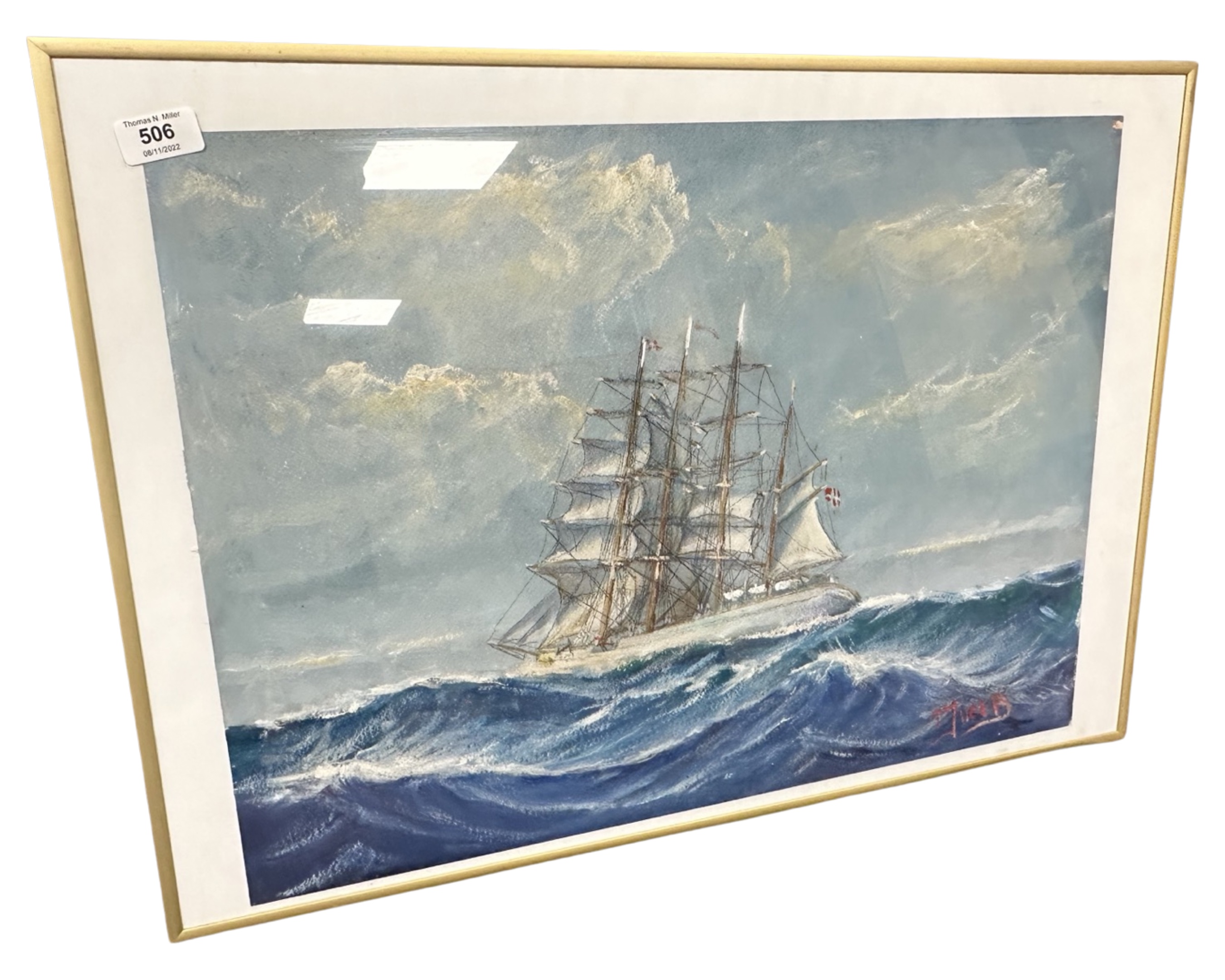 A Continental colour print depicting a boat in rough seas, 60cm by 46cm.