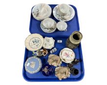 Two trays containing Japanese export eggshell tea china, a Wedgwood Jasperware lidded pot,