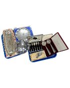 Two trays containing boxed plated cutlery together with a boxed silver plated salver and two swing