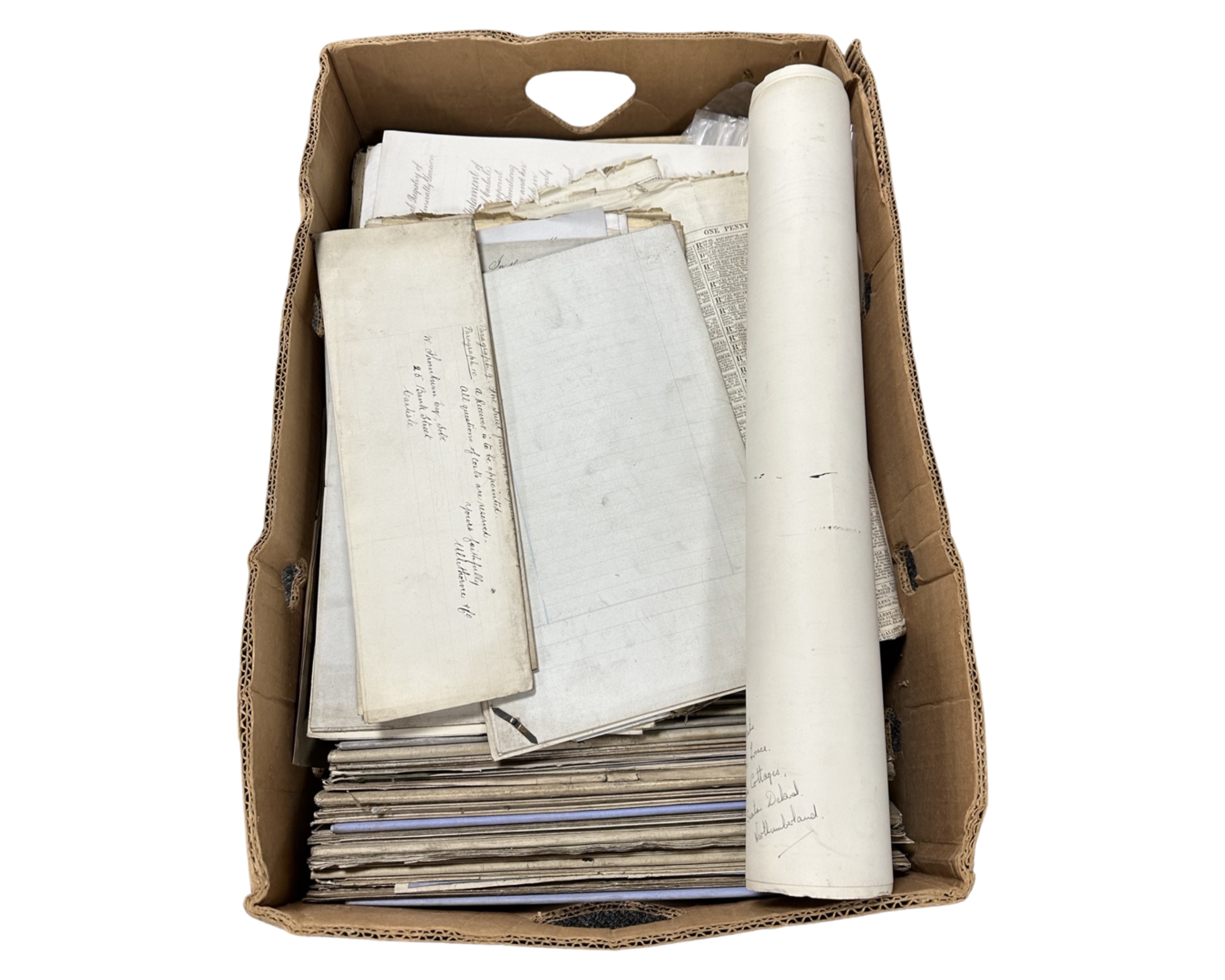 A box containing an interesting collection of 19th century legal and financial documents relating