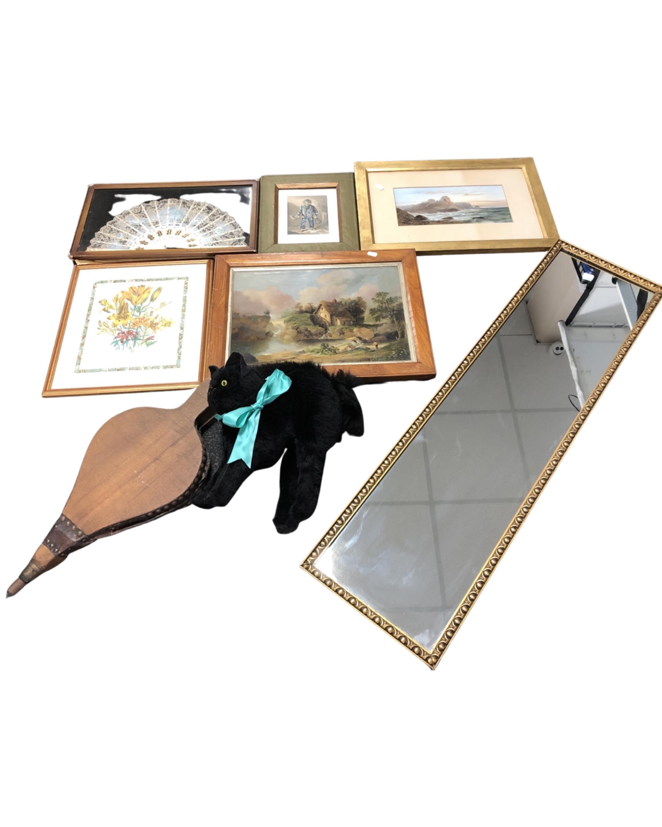 A box containing antiquarian paintings and prints, a framed lace fan, a pair of bellows,