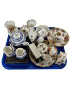 A tray containing a quantity of Royal Albert Old Country Roses china including mantel clocks,
