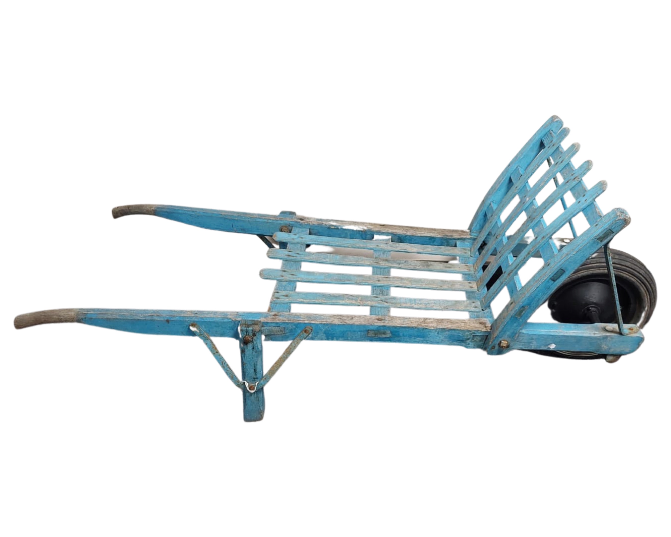 A vintage painted wooden wheel barrow