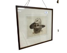 Francis Laidler : Head and shoulder study of a fisherman wearing a hat, drypoint etching,