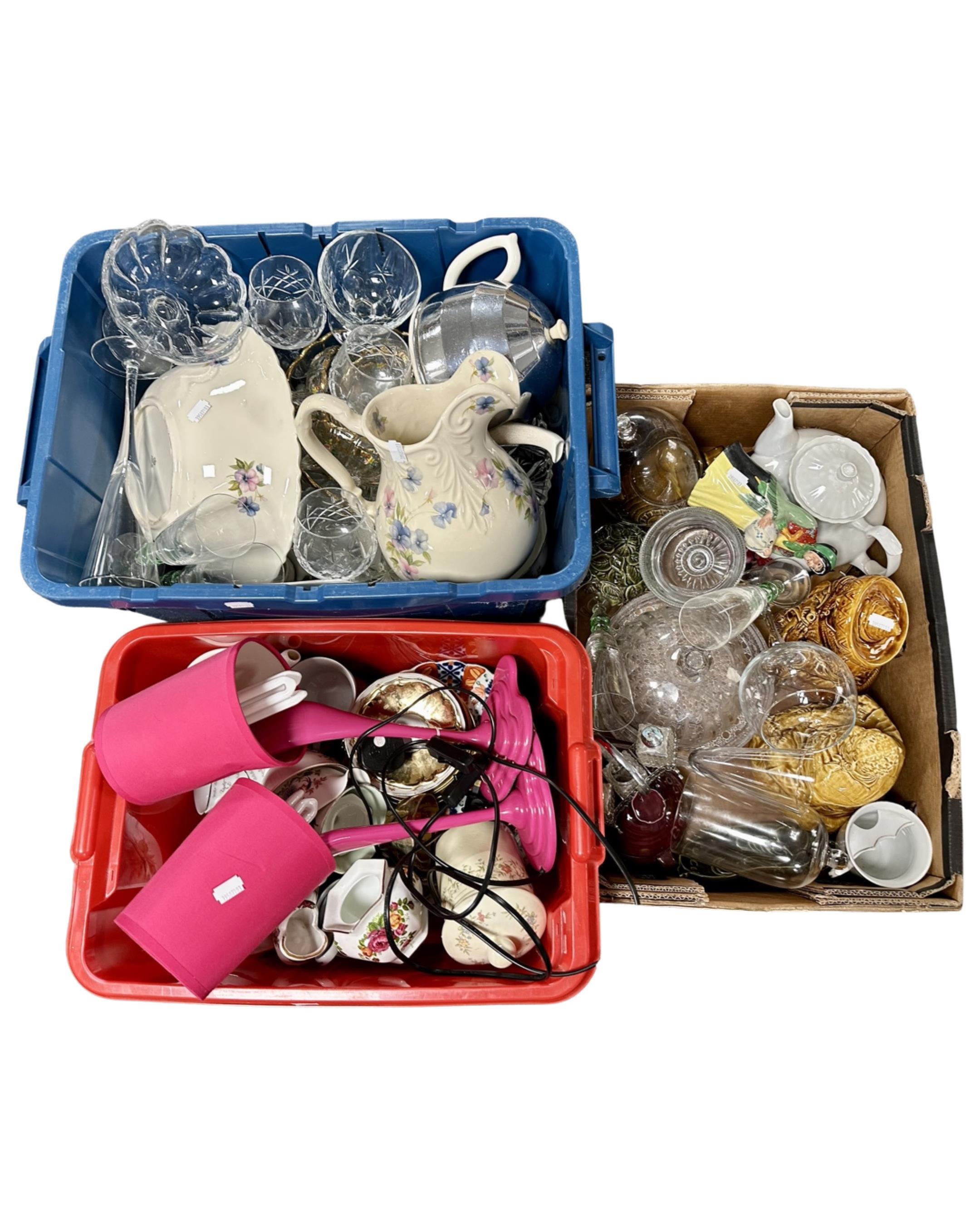 Three boxes containing assorted glassware and ceramics together with a quantity of Oriental cushion