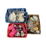 Three boxes containing assorted glassware and ceramics together with a quantity of Oriental cushion