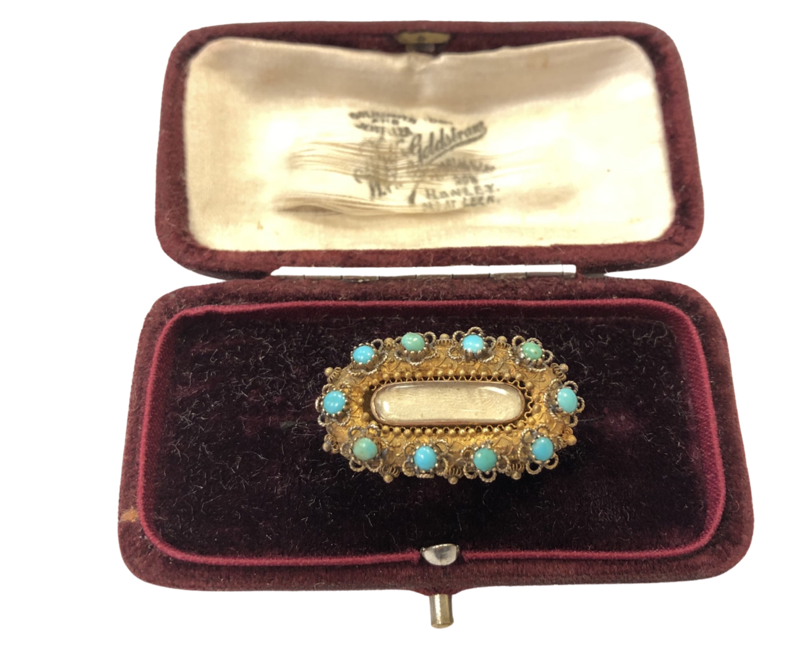 A Georgian yellow gold and turquoise memoriam brooch, solid back, 5.7g.