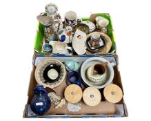 Two boxes containing 20th century china including kitchen storage jars, a Staffordshire figure,