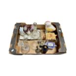 A box containing a cottageware teapot, glass decanters, a pair of wine glasses,