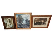 An Edwardian oak framed print depicting a lady together with two further prints.