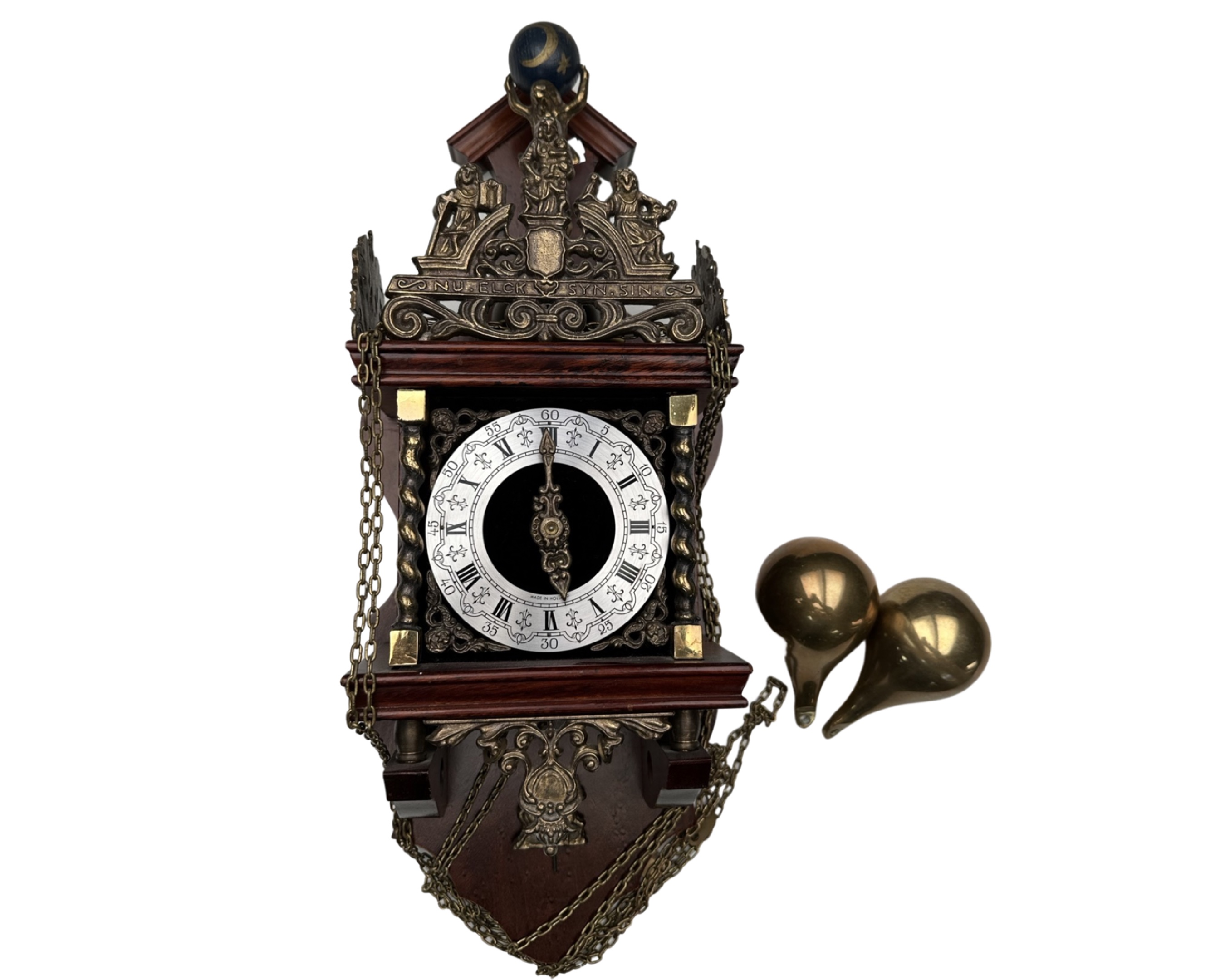 A Dutch wall clock with brass pear drop weights.