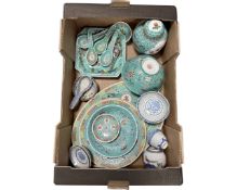 A box containing Chinese turquoise glaze porcelain dinner china, ginger jar, tea bowls etc.