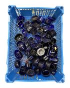 Approximately 58 blue glass liners for condiments