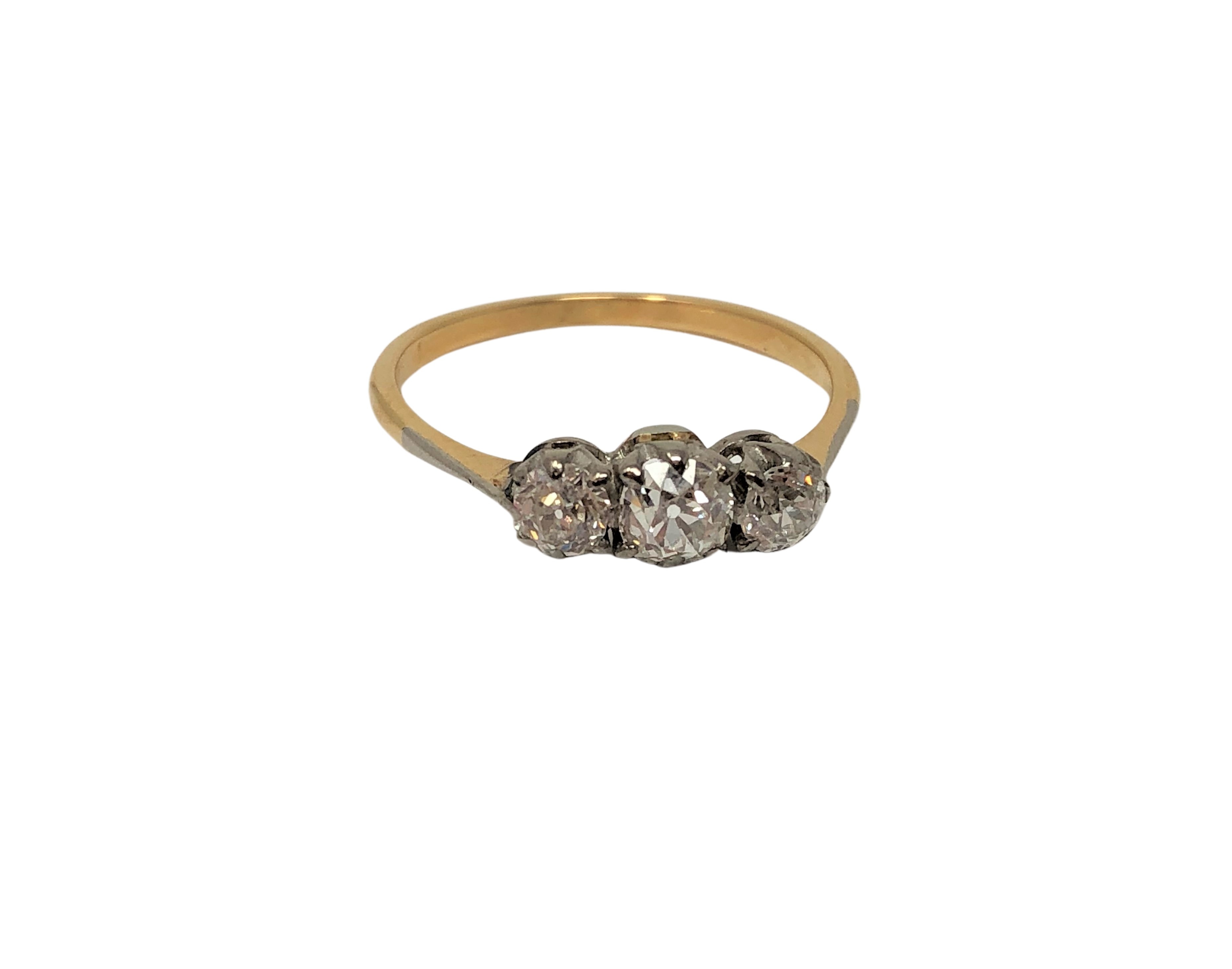 An antique 18ct gold three stone diamond ring, size O CONDITION REPORT: 1.