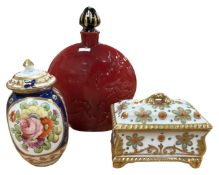 A small Crown Staffordshire box, a similar vase and a Chinese glass perfume bottle, height 10cm.