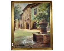 Continental school : Fountain in a street, oil on canvas, 48cm by 59cm.
