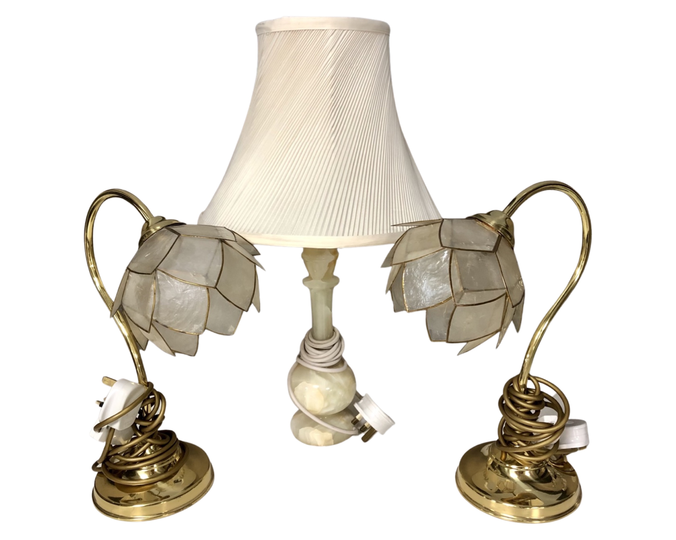 A pair of contemporary brass table lamps together with a further onyx lamp.