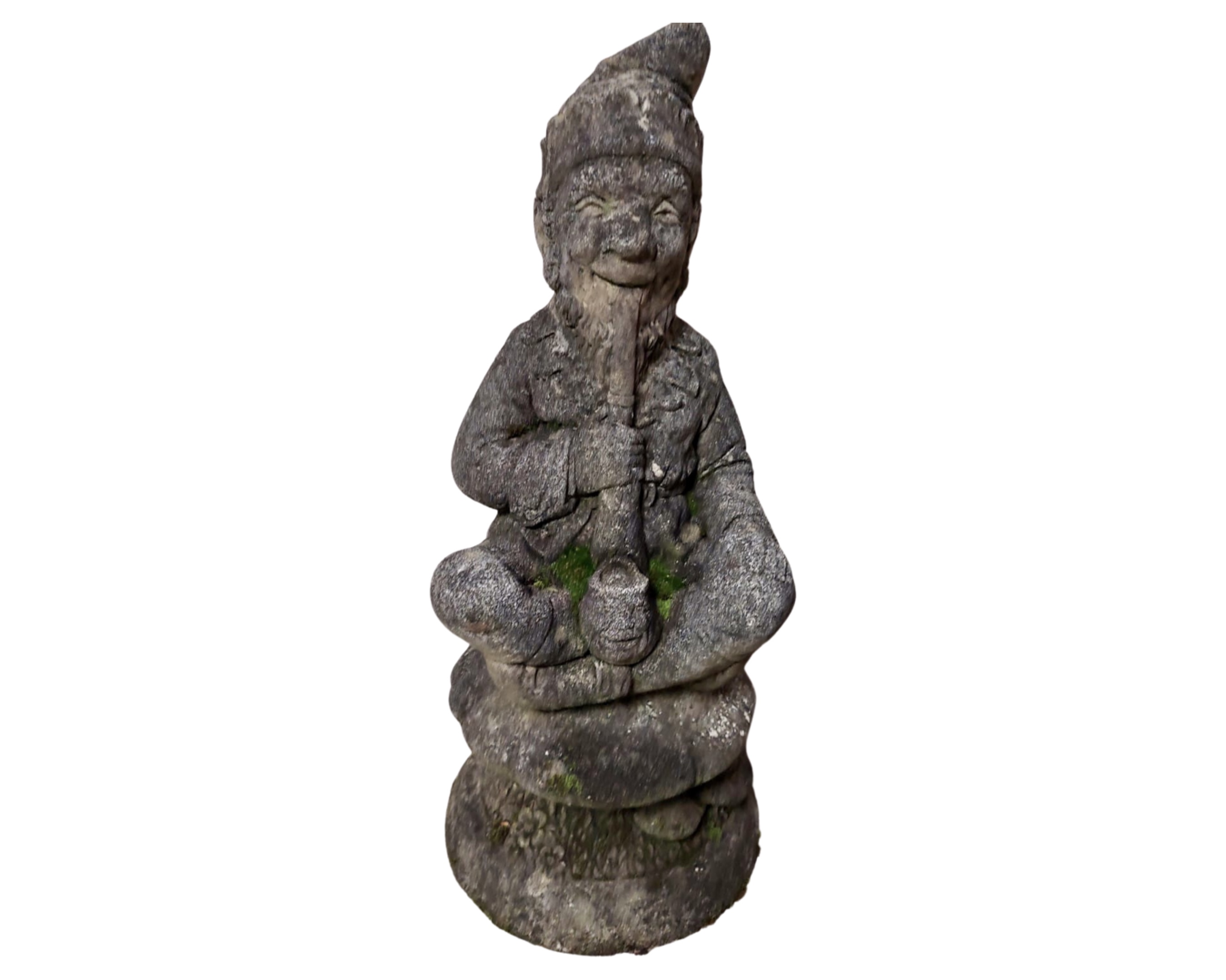 Two weathered garden gnome figures,