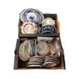 Two boxes containing a large quantity of collectors plates, glassware, dinnerware,