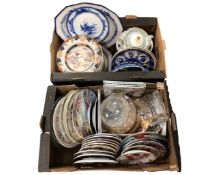 Two boxes containing a large quantity of collectors plates, glassware, dinnerware,