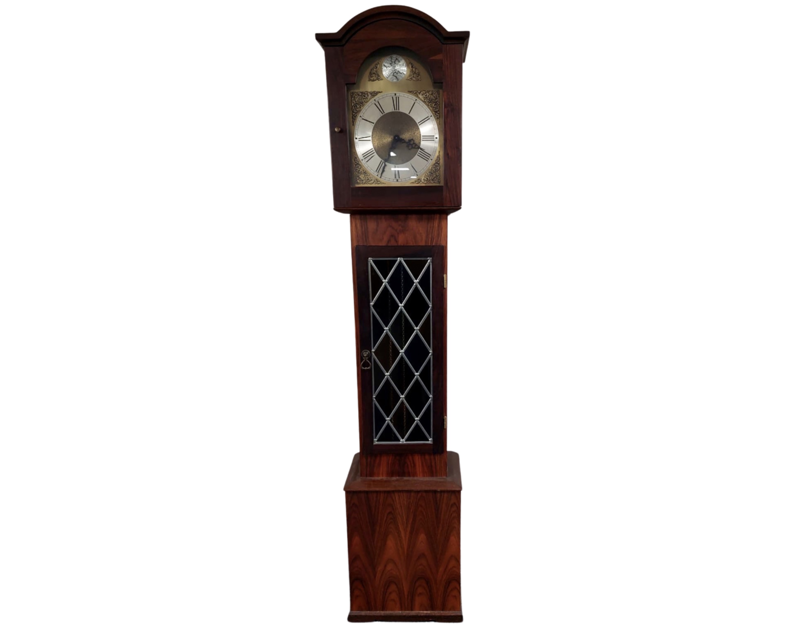 A Tempus Fugit longcase clock with pendulum and weights.