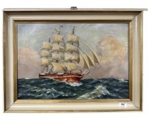 Continental school : Tall masted ship in rough seas, oil on canvas, 54cm by 36cm.