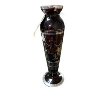A Twentieth Century ruby glass tapered vase, with decorative silvered overlay, on circular base,