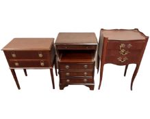 A mahogany two drawer bedside table and two further occasional tables.