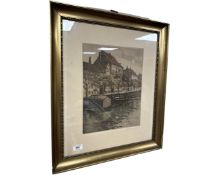 A Continental colour print depicting a canal, 28cm by 36cm.