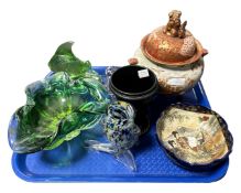 A tray containing Japanese Kutani lidded koro, a satsuma bowl, 20th century glassware etc.