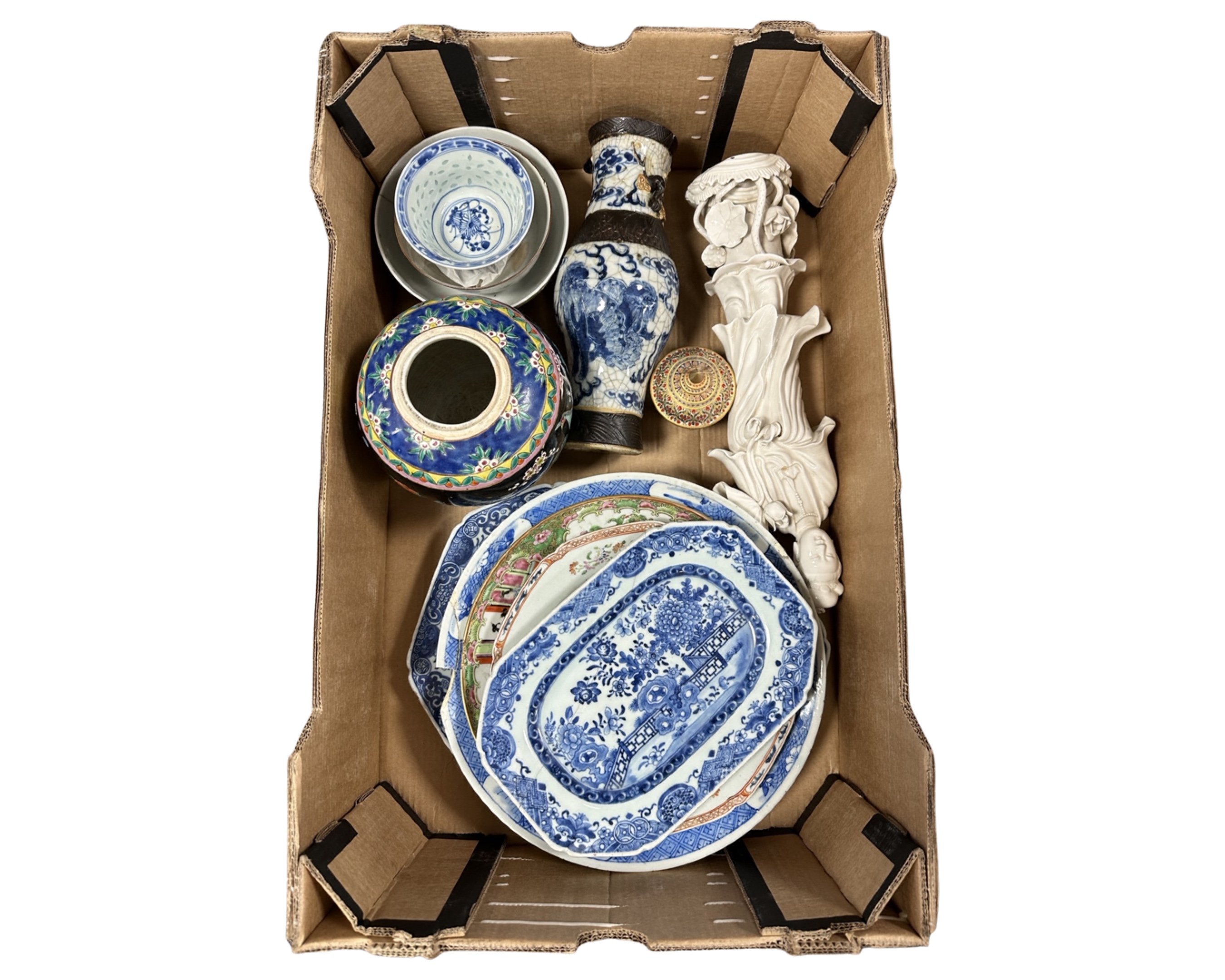 A box containing 18th century and later Chinese ceramics including blue and white dishes,