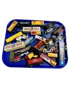 A tray containing a quantity of die cast train carriages and die cast vehicles including Corgi etc.